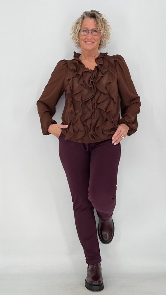 Ruffle Elegance Bluse, braun, bordeaux