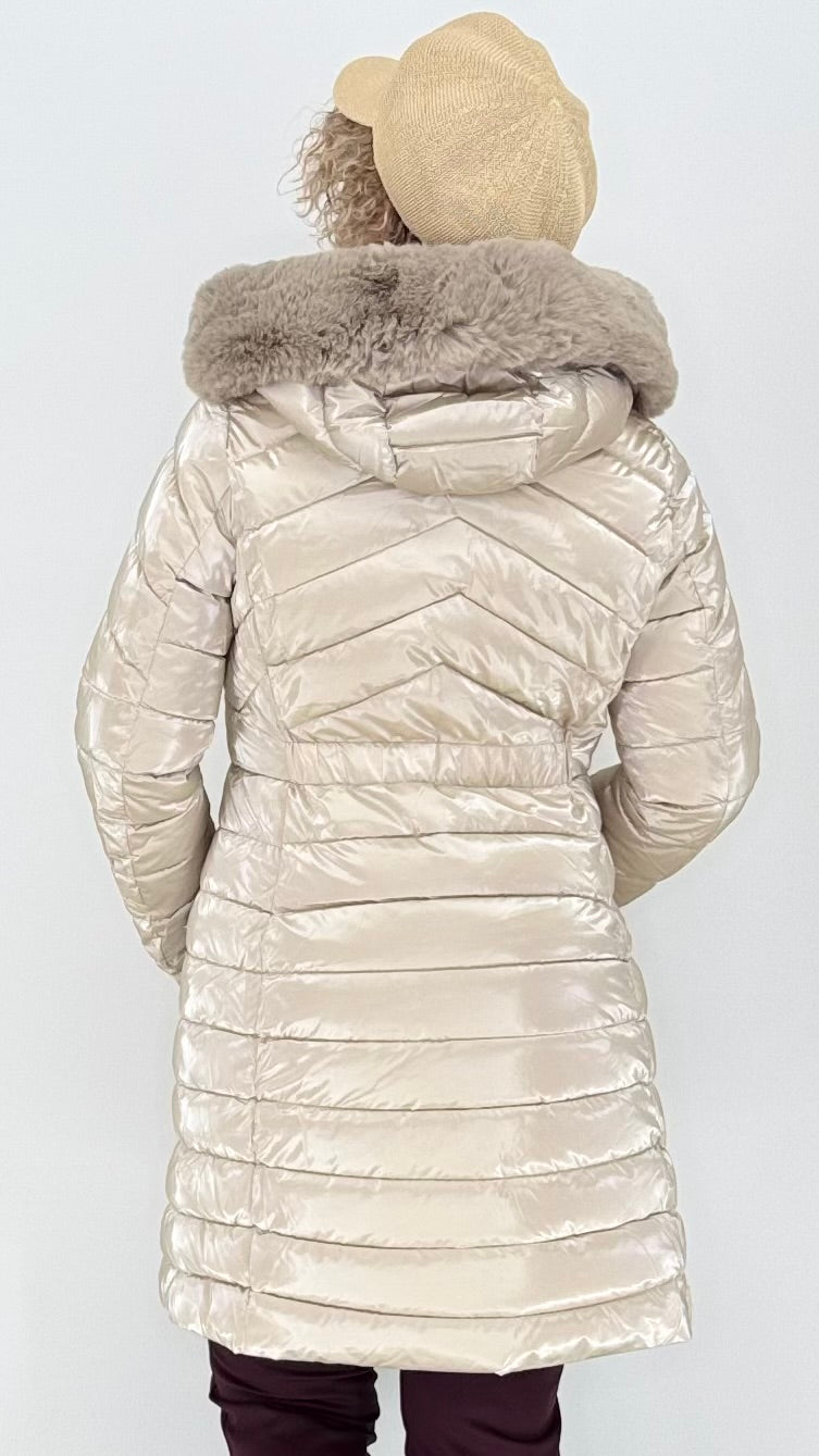 Steppjacke glänzend, creme und braun