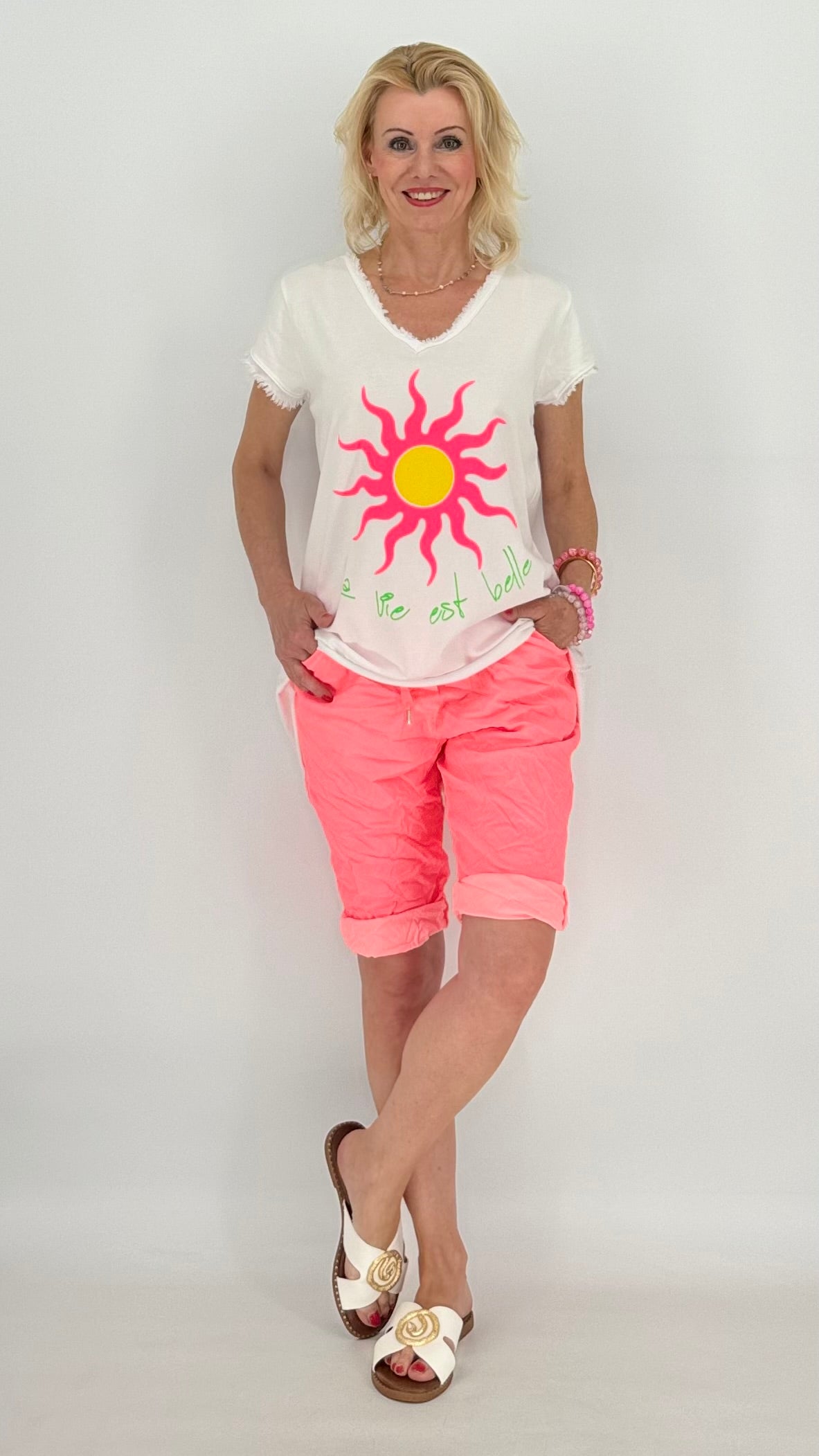 Kurze Hose mit Bindeband, neonkoralle
