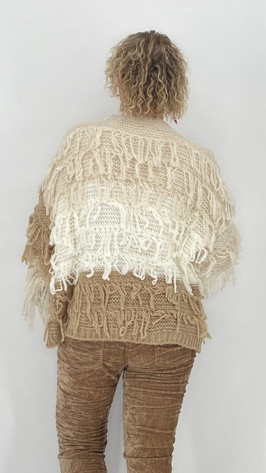 Strickjacke mit Fransen, creme/beige