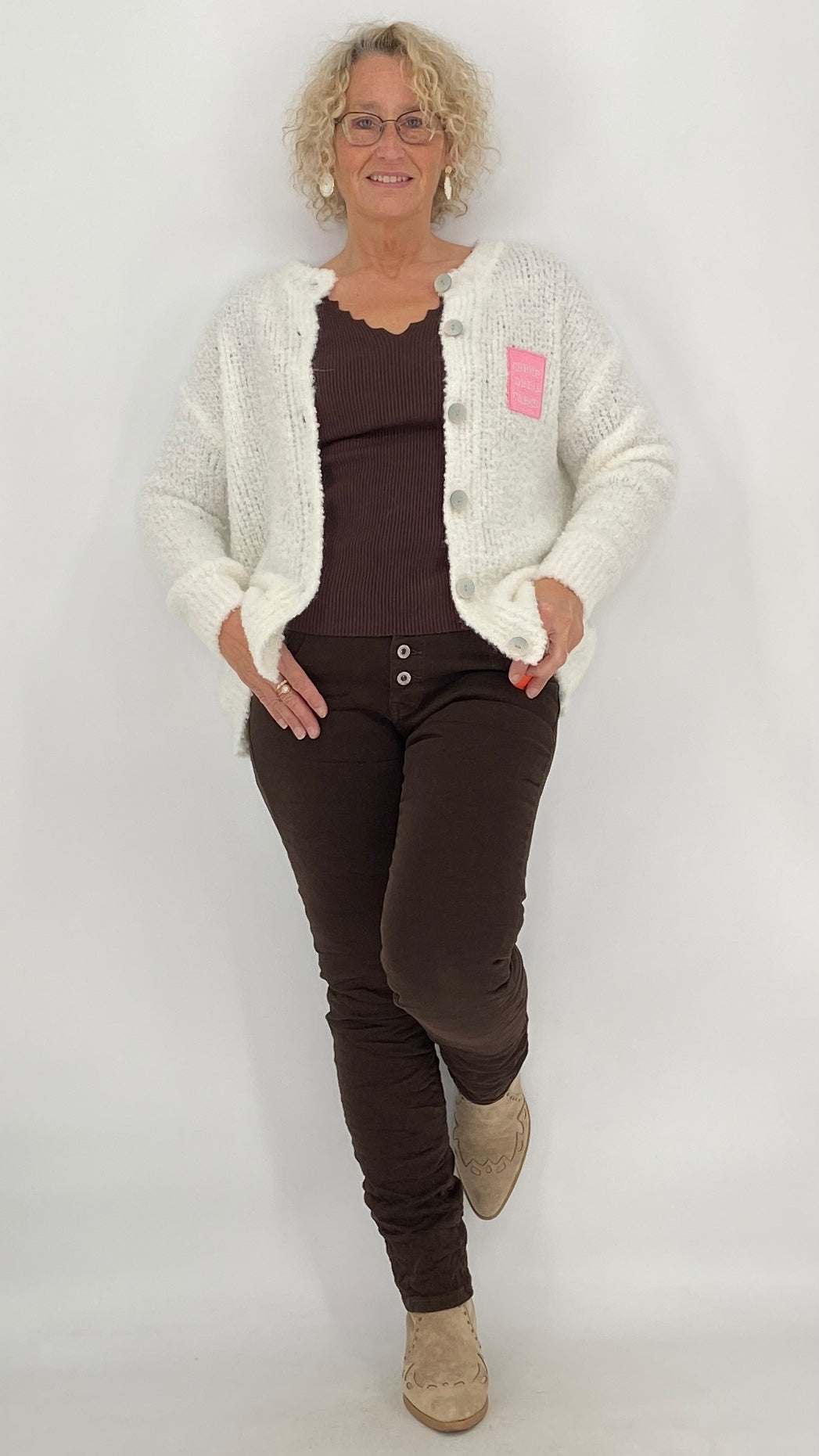 Strickjacke "crème de la crème", weiß, taupe, gelb