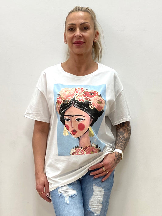 T-Shirt weiß mit Frida Kahlo blau 100% Cotton