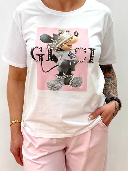 T-Shirt "Micky mit Krone" weiß/rosa mit Strass und Perlen