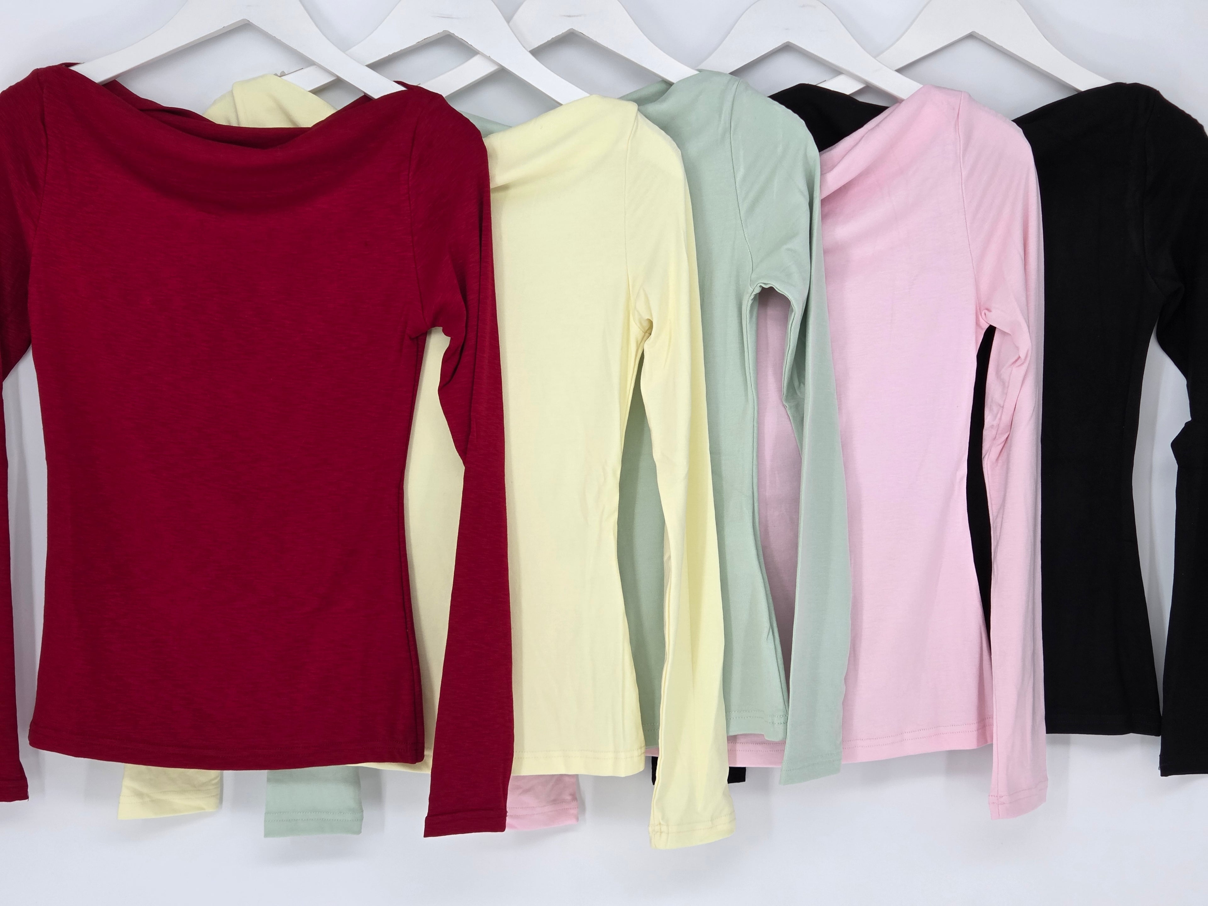 Basic langarm Shirt, schwarz, rot, gelb, rosa, mint
