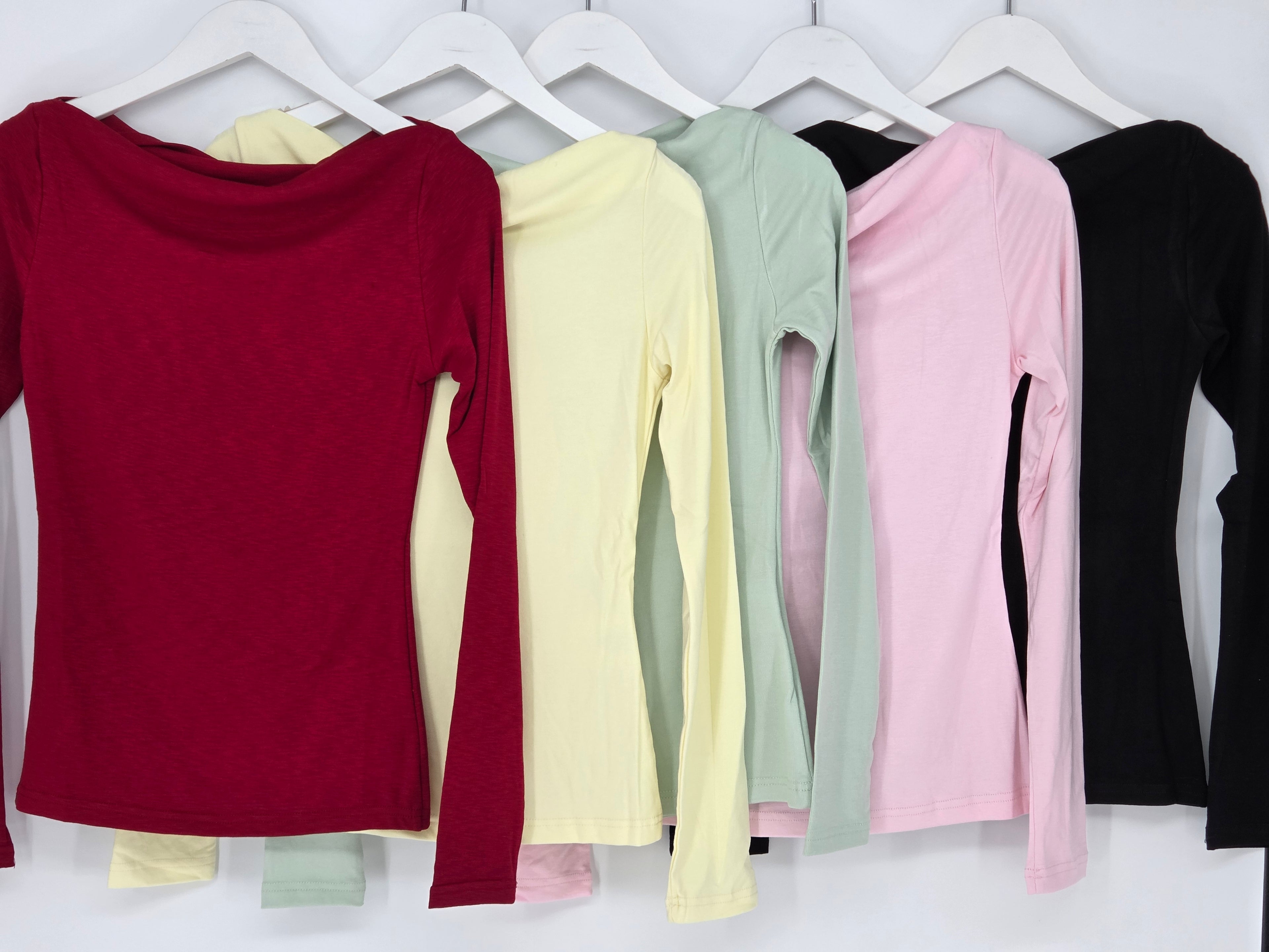 Basic langarm Shirt, schwarz, rot, gelb, rosa, mint