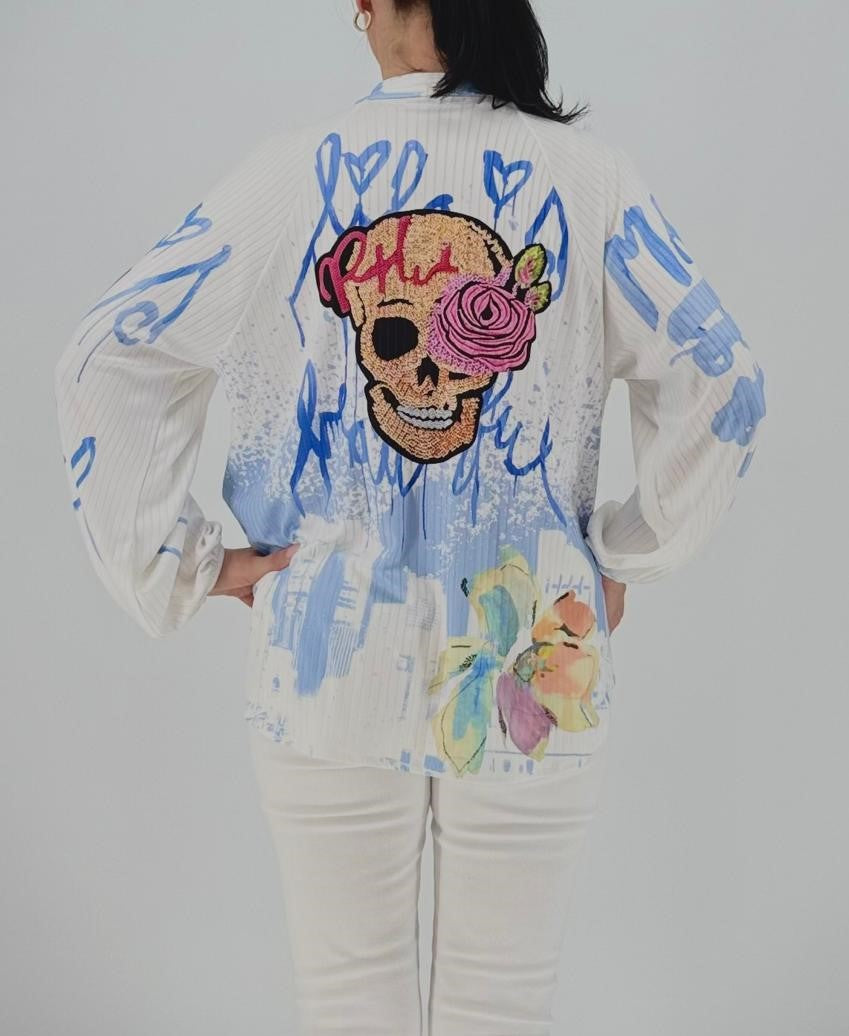 Shirt mit Pailletten "Skull" weiß/blau