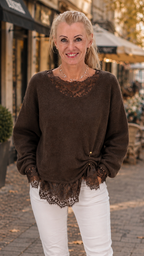 Pullover mit Mesh-Shirt und Brosche, schwarz, braun, beige