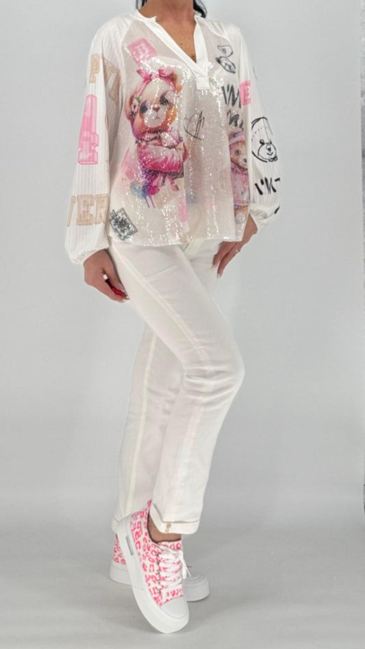 Shirt mit Pailletten "Teddy" weiß/rosa