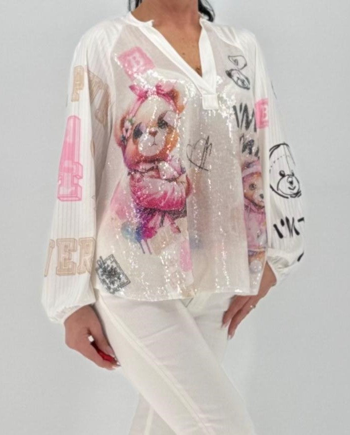 Shirt mit Pailletten "Teddy" weiß/rosa