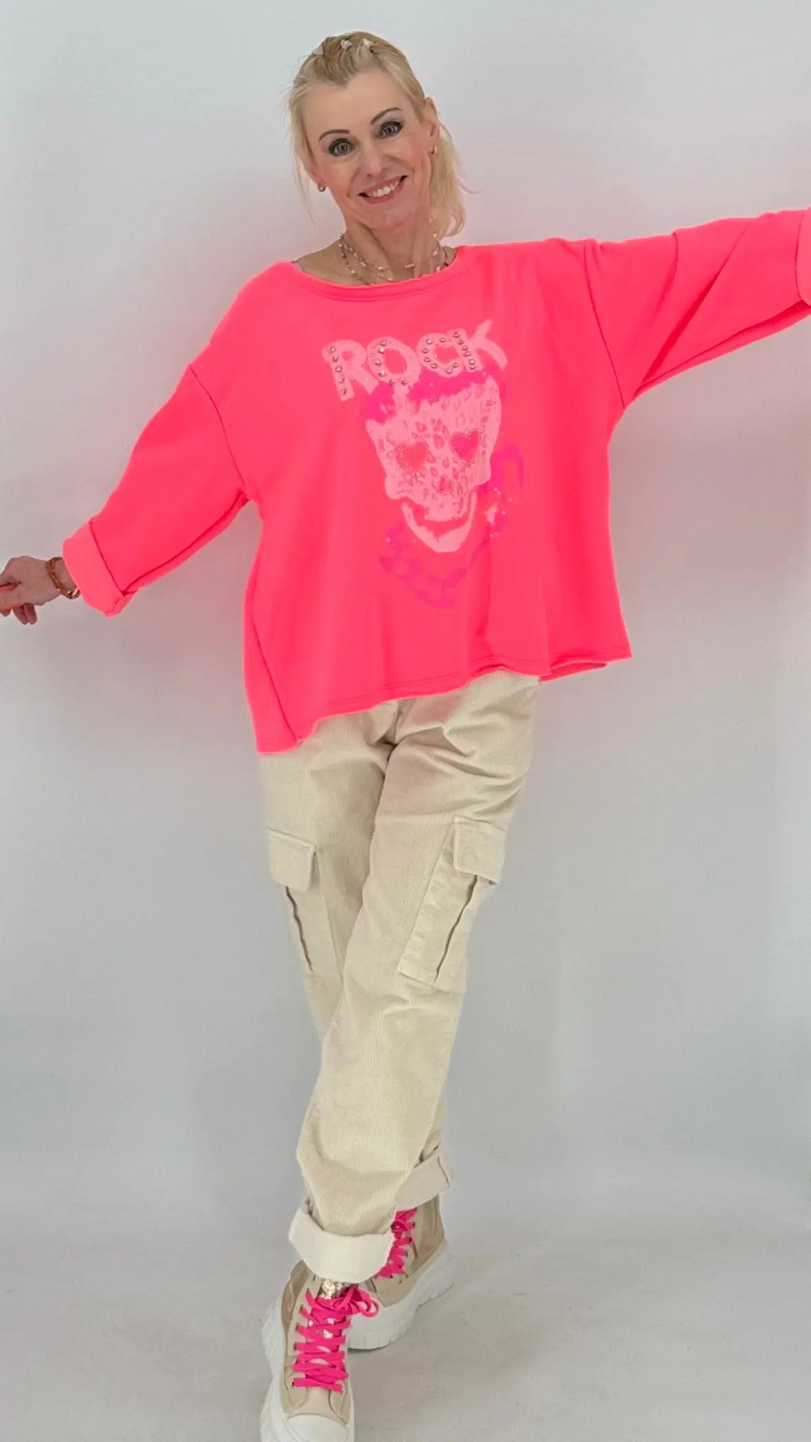Sweatshirt "Rock" mit Strass, schwarz, pink, orange, beige - By Elena FashionBy Elena Fashion