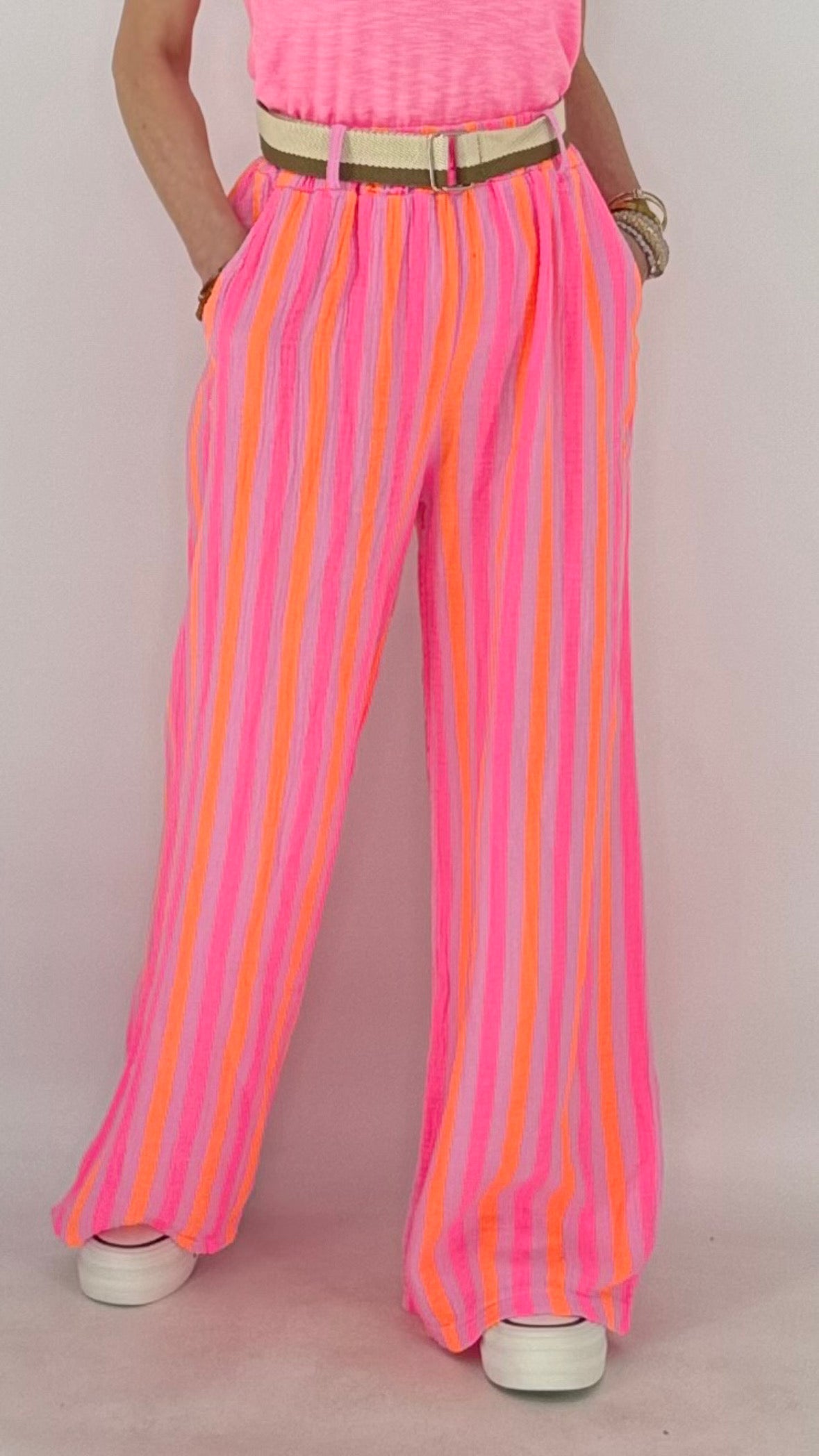 Musselin Hose Streifen in Rosa/Pink/Orange mit Gürtel
