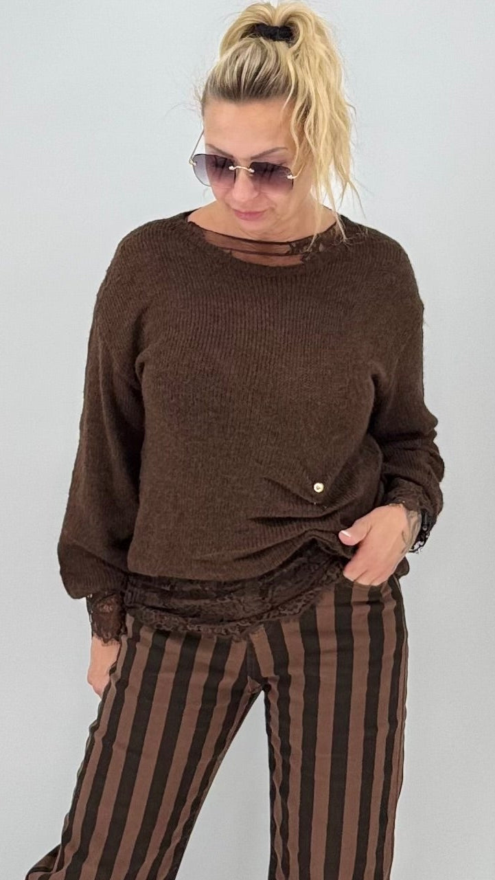 Pullover mit Mesh-Shirt und Brosche, schwarz, braun, beige