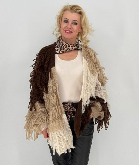 Strickjacke mit Fransen ohne Knöpfe, beige/braun