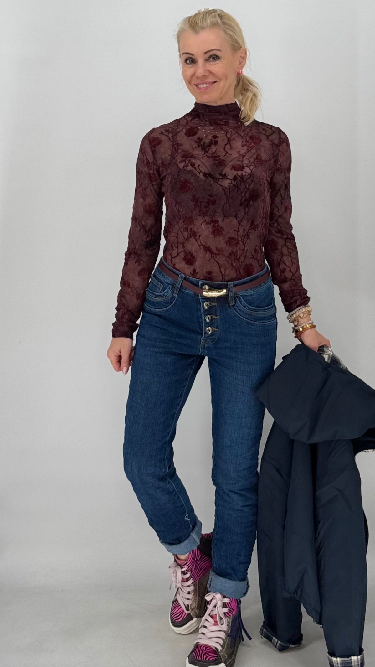 Elegantes Mesh-Shirt Damen, bordo