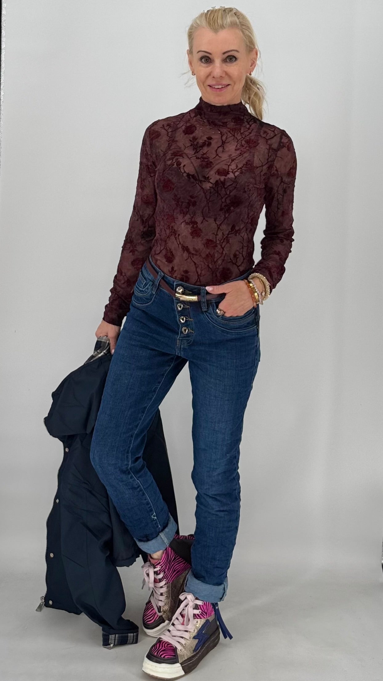 Elegantes Mesh-Shirt Damen, bordo
