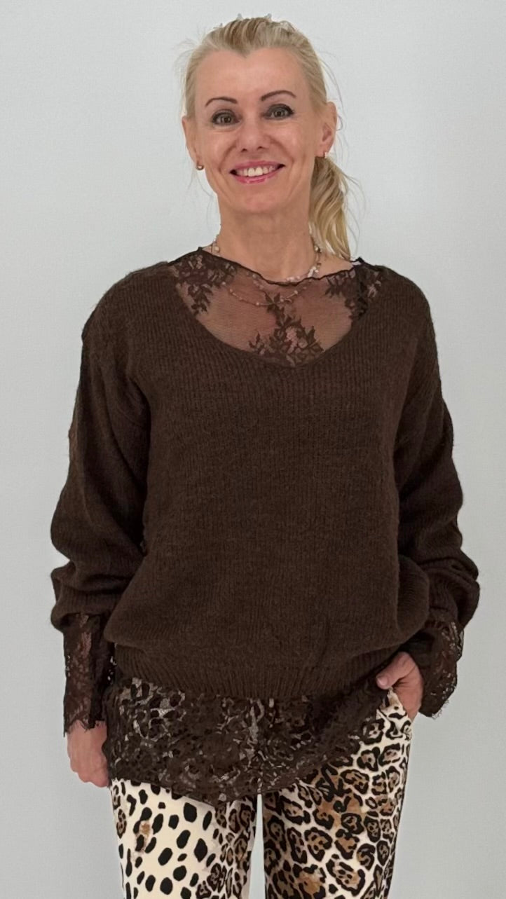 Pullover mit Mesh-Shirt, schwarz, braun, beige