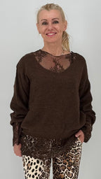 Pullover mit Mesh-Shirt, schwarz, braun, beige
