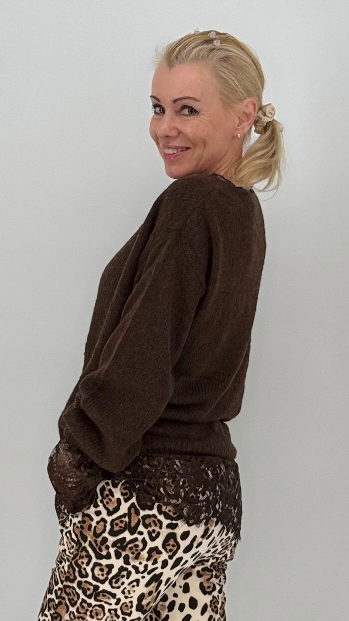 Pullover mit Mesh-Shirt, schwarz, braun, beige