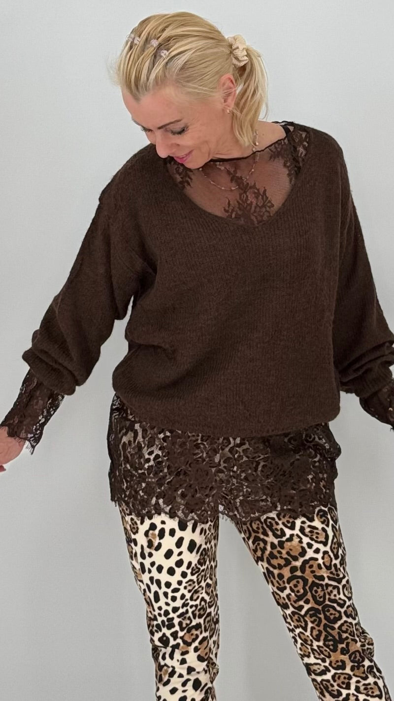 Pullover mit Mesh-Shirt, schwarz, braun, beige