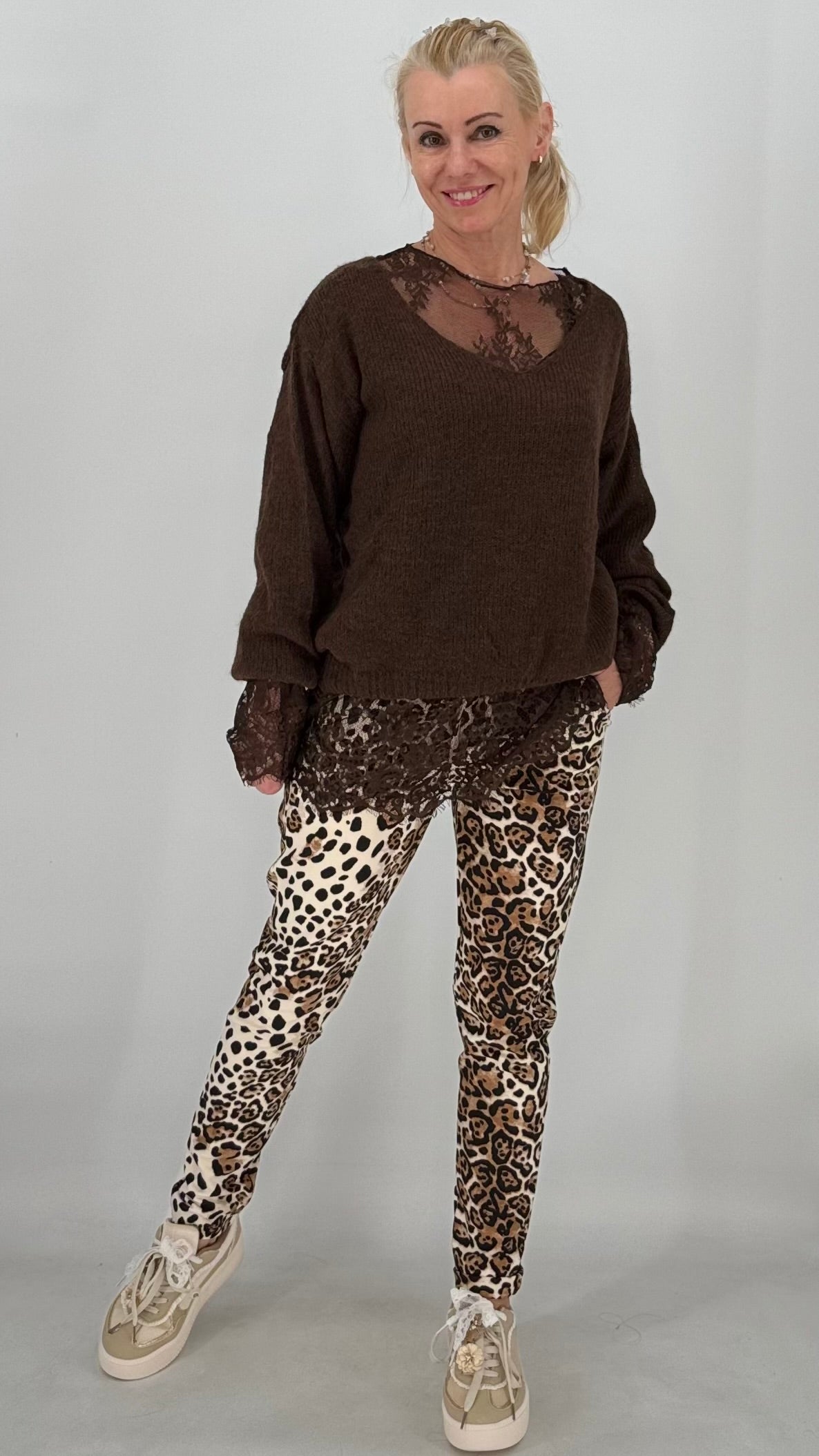 Pullover mit Mesh-Shirt, schwarz, braun, beige