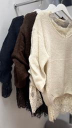 Pullover mit Mesh-Shirt, schwarz, braun, beige