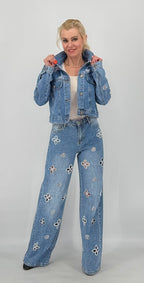 Jeans Jacke mit floralen Cut‑outs und Perlen-Blumen