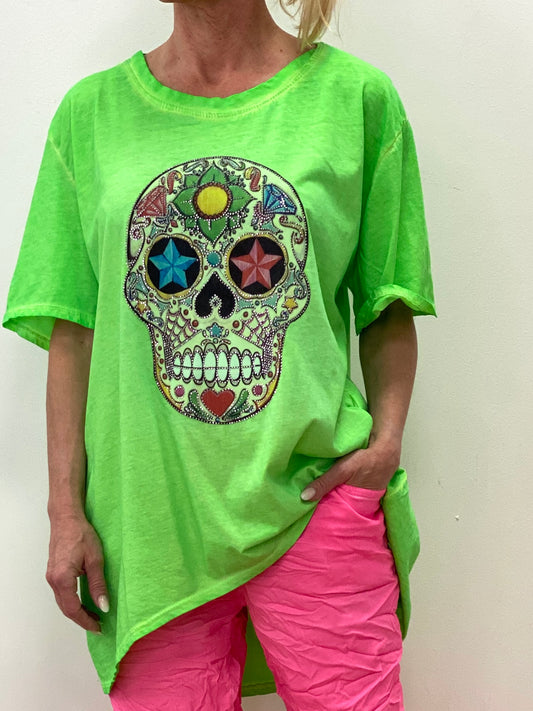 T-Shirt Skull mit Strass neongrün