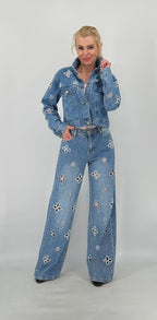 Jeans Jacke mit floralen Cut‑outs und Perlen-Blumen