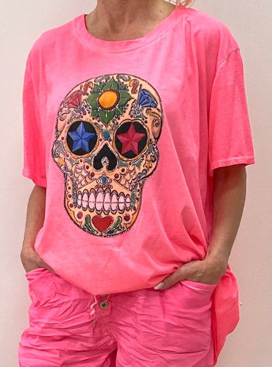 T-Shirt Skull mit Strass neonpink