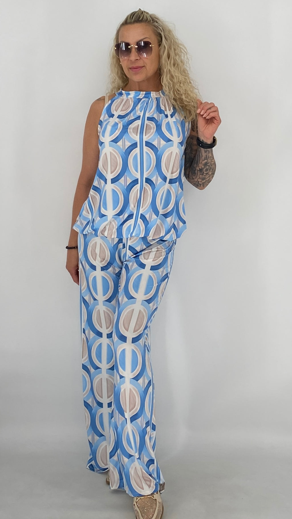 Damen Set, Hose und Neckholder-Top, in Hellblau/Beige