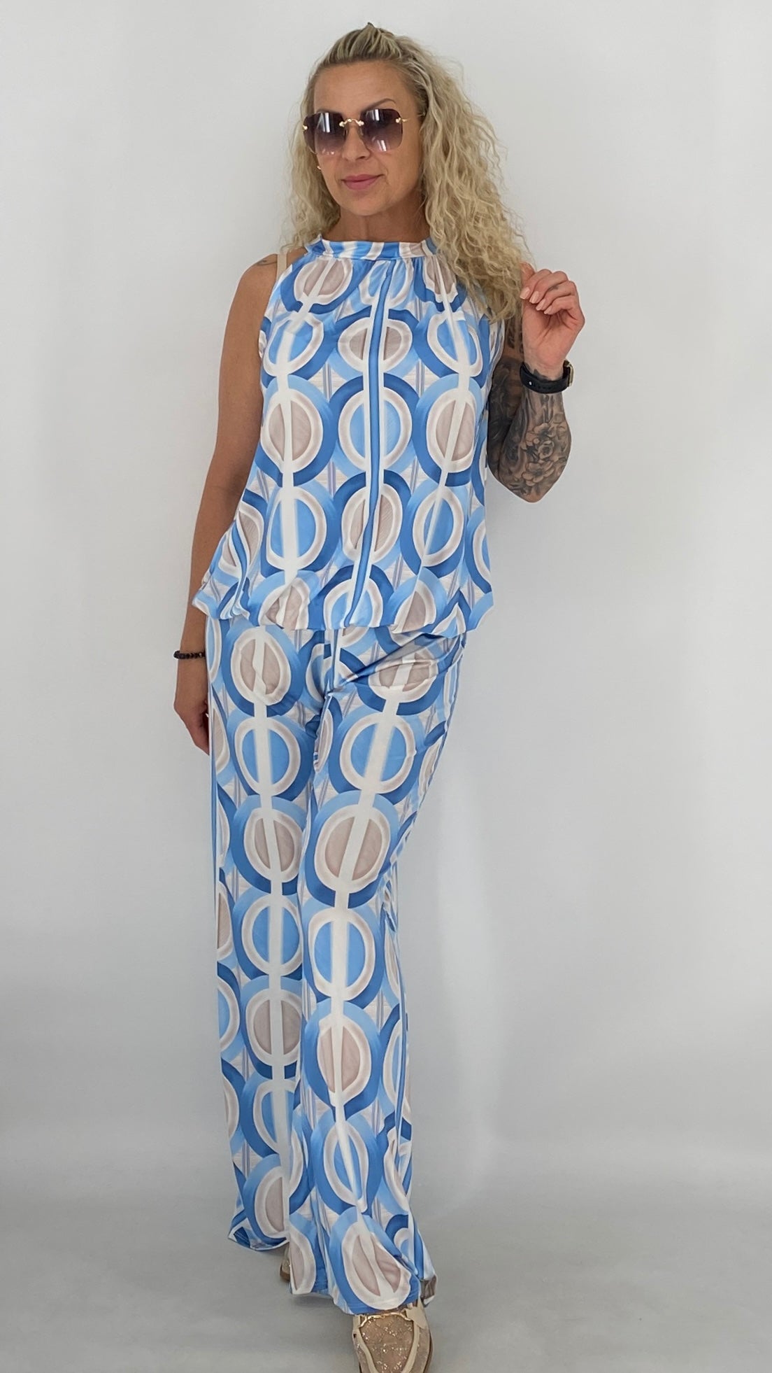 Damen Set, Hose und Neckholder-Top, in Hellblau/Beige