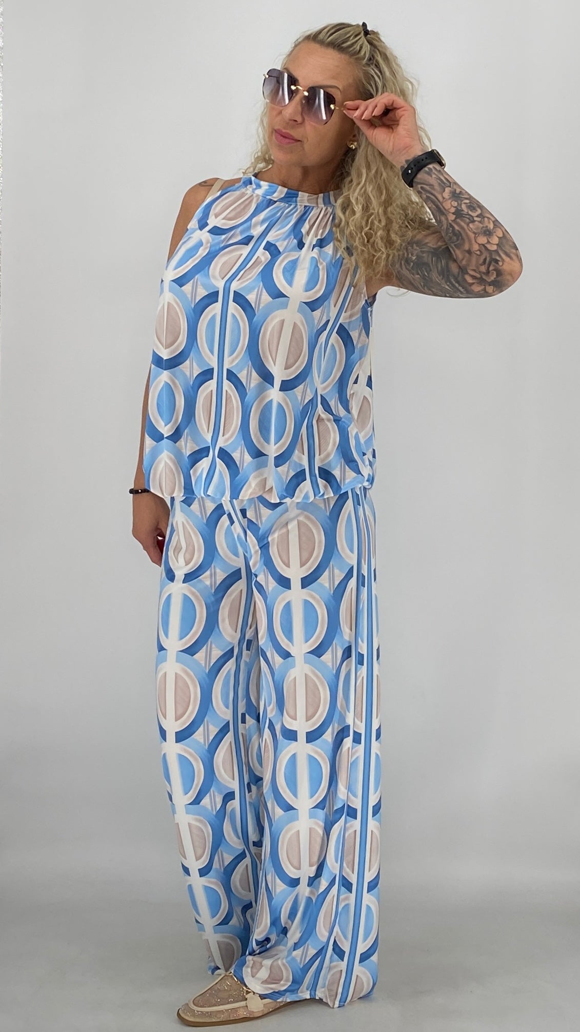 Damen Set, Hose und Neckholder-Top, in Hellblau/Beige