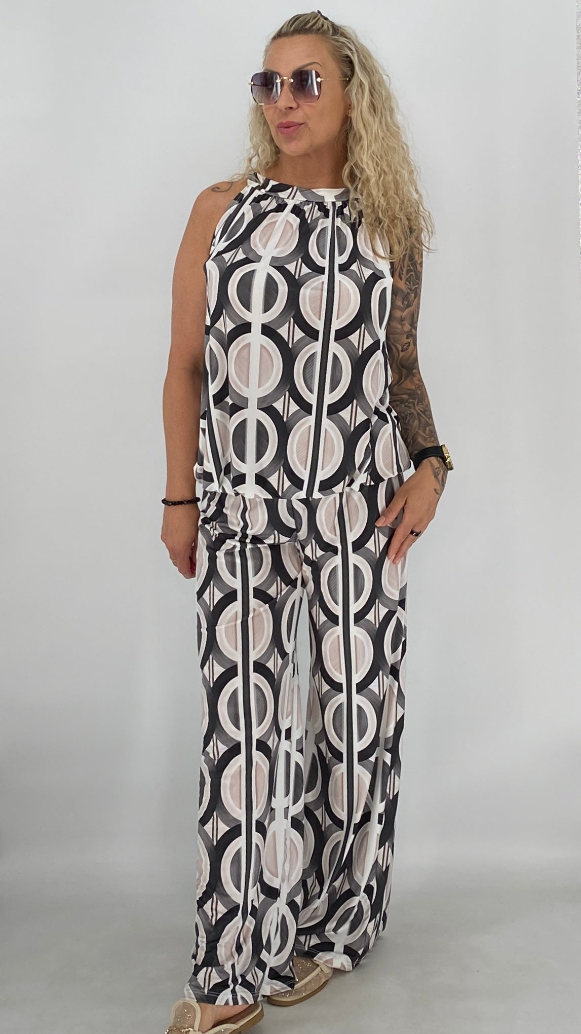 Damen Set, Hose und Neckholder-Top, in Beige/Schwarz