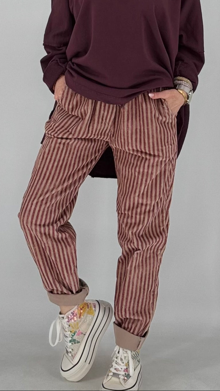 Gestreifte Hosen im Cord-Look in Hellbraun, Bordeaux, Khaki