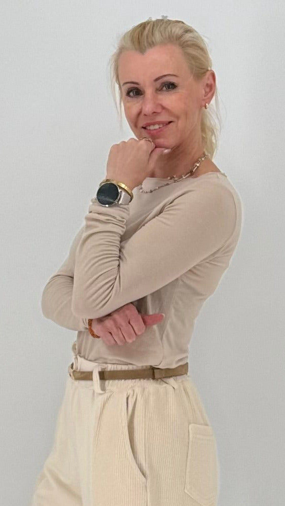 Basic langarm Shirt, beige, braun