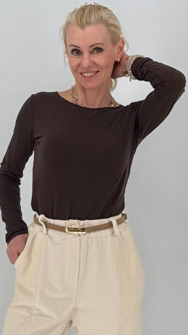 Basic langarm Shirt, beige, braun