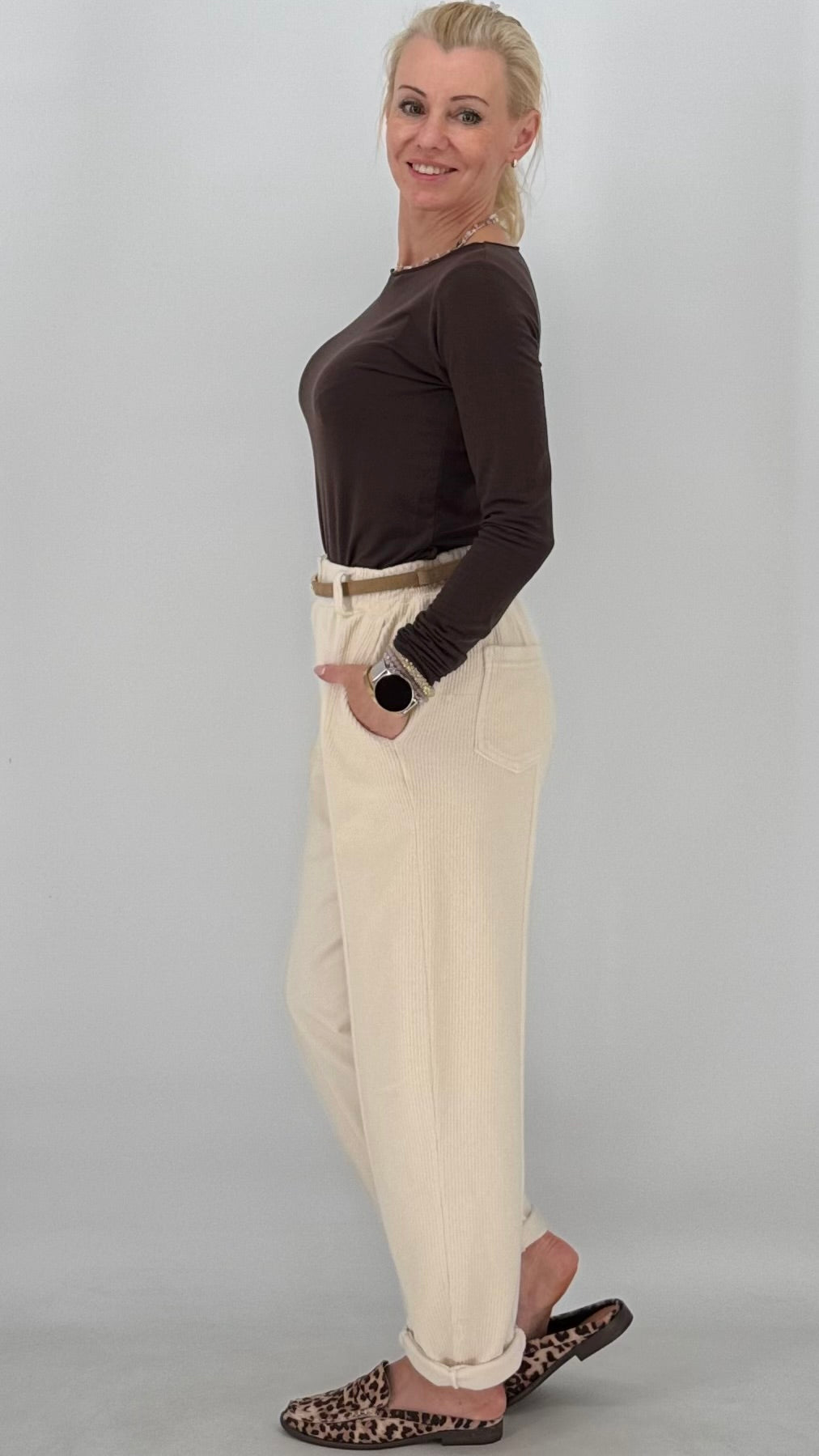 Basic langarm Shirt, beige, braun