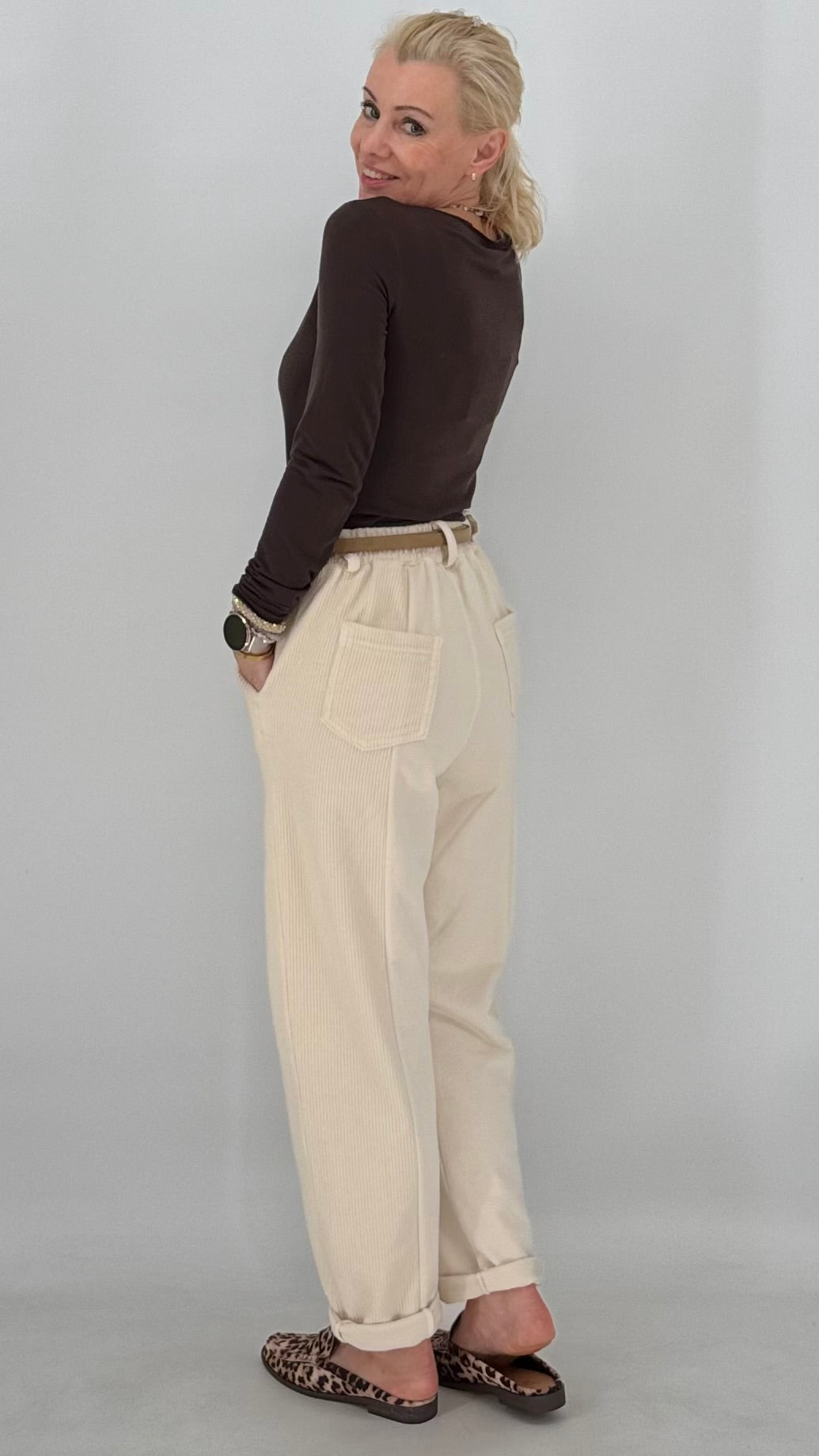 Basic langarm Shirt, beige, braun