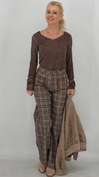 Karierte High-Waist-Hose, braun