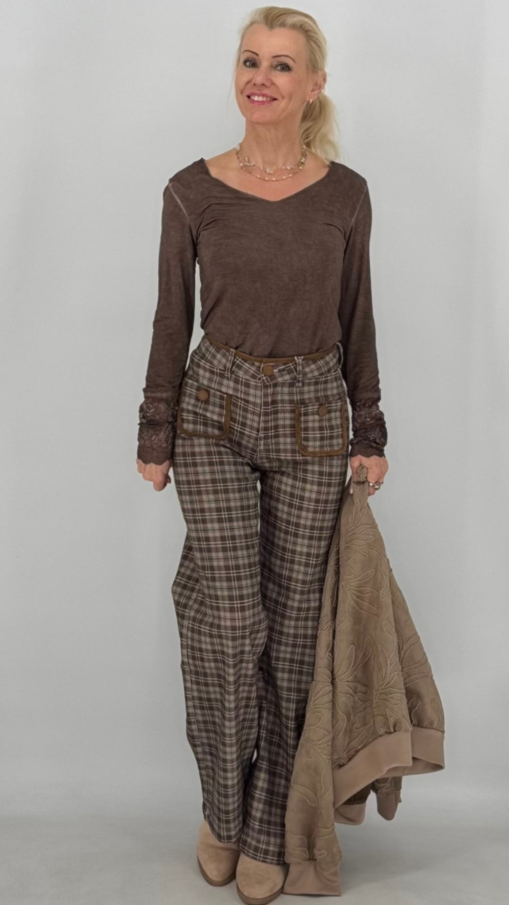Karierte High-Waist-Hose, braun