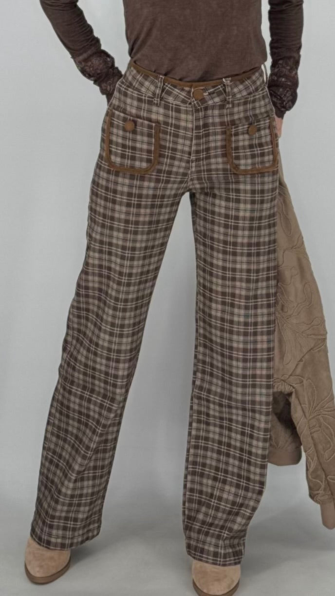 Karierte High-Waist-Hose, braun