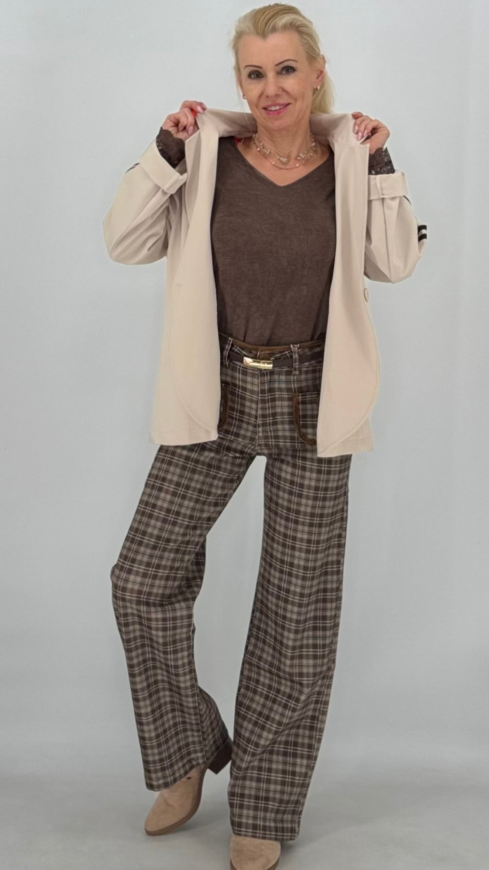 Karierte High-Waist-Hose, braun