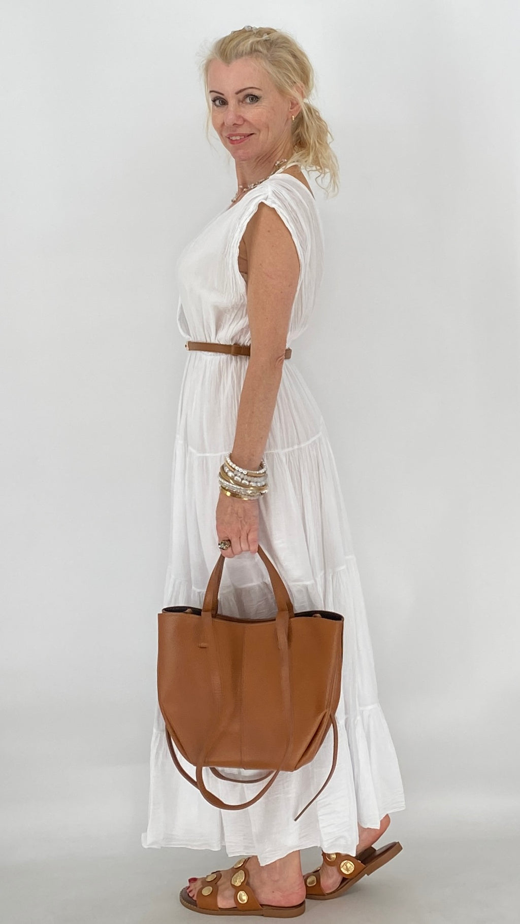 Bella Maxi , Sommer Kleid, in Braun, Weiss, Rose