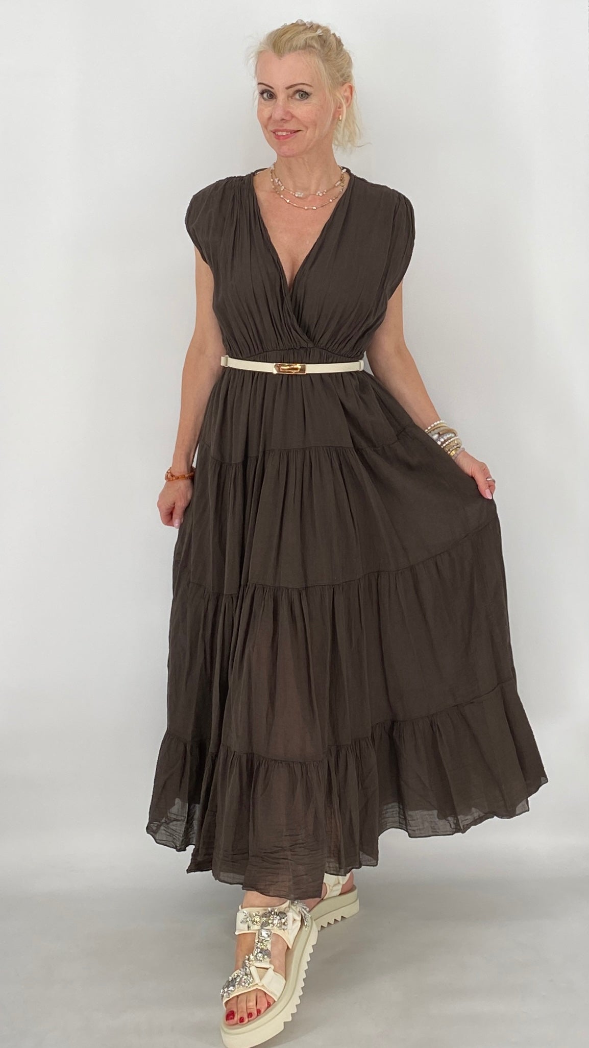 Bella Maxi , Sommer Kleid, in Braun, Weiss, Rose