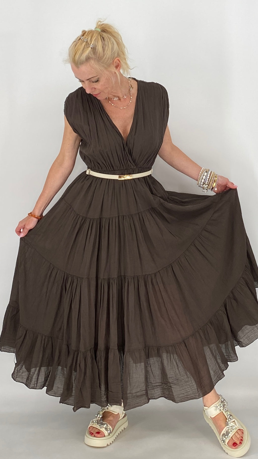 Bella Maxi , Sommer Kleid, in Braun, Weiss, Rose