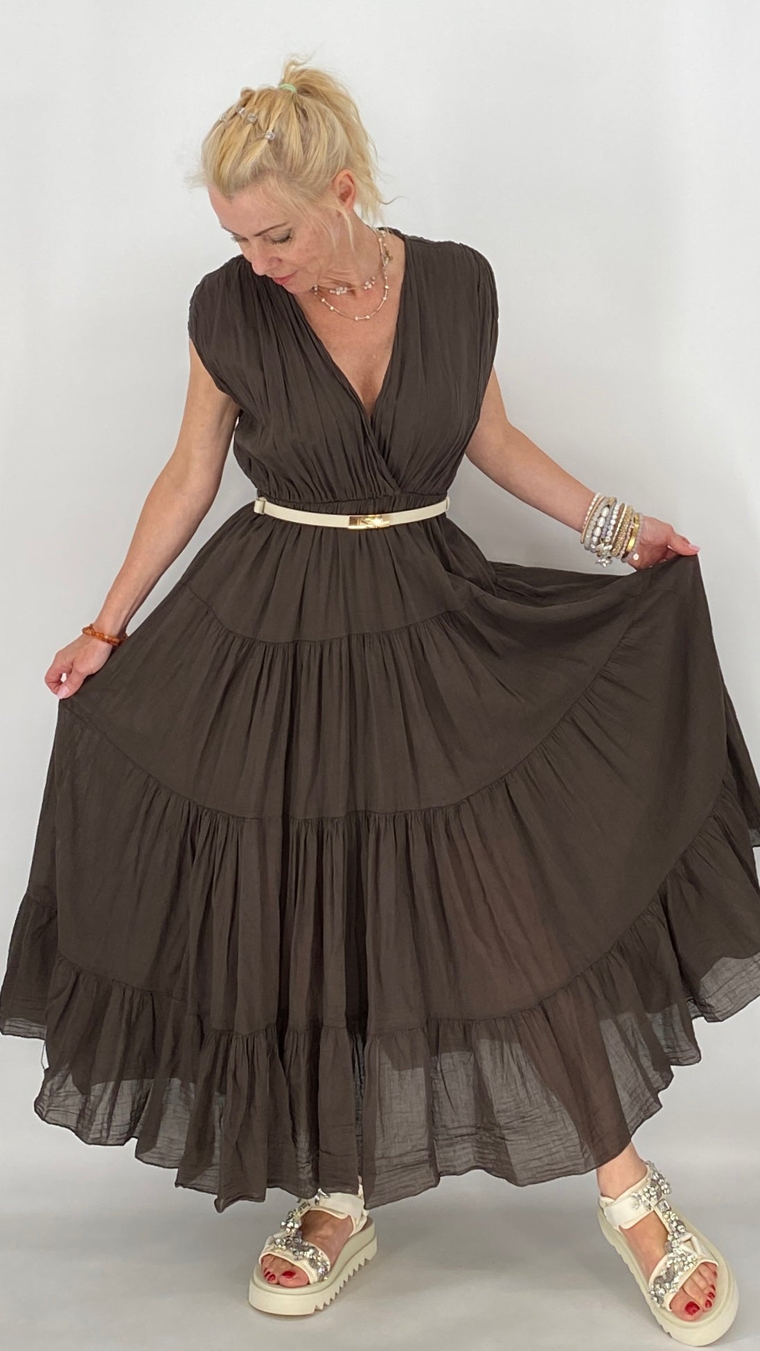 Bella Maxi , Sommer Kleid, in Braun, Weiss, Rose