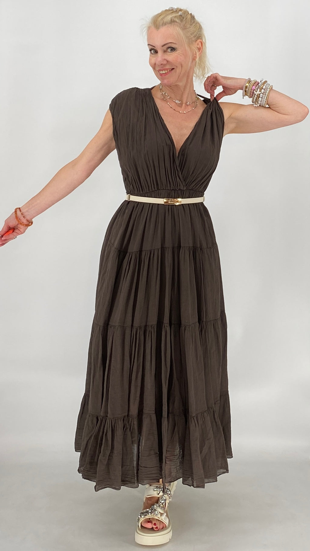 Bella Maxi , Sommer Kleid, in Braun, Weiss, Rose