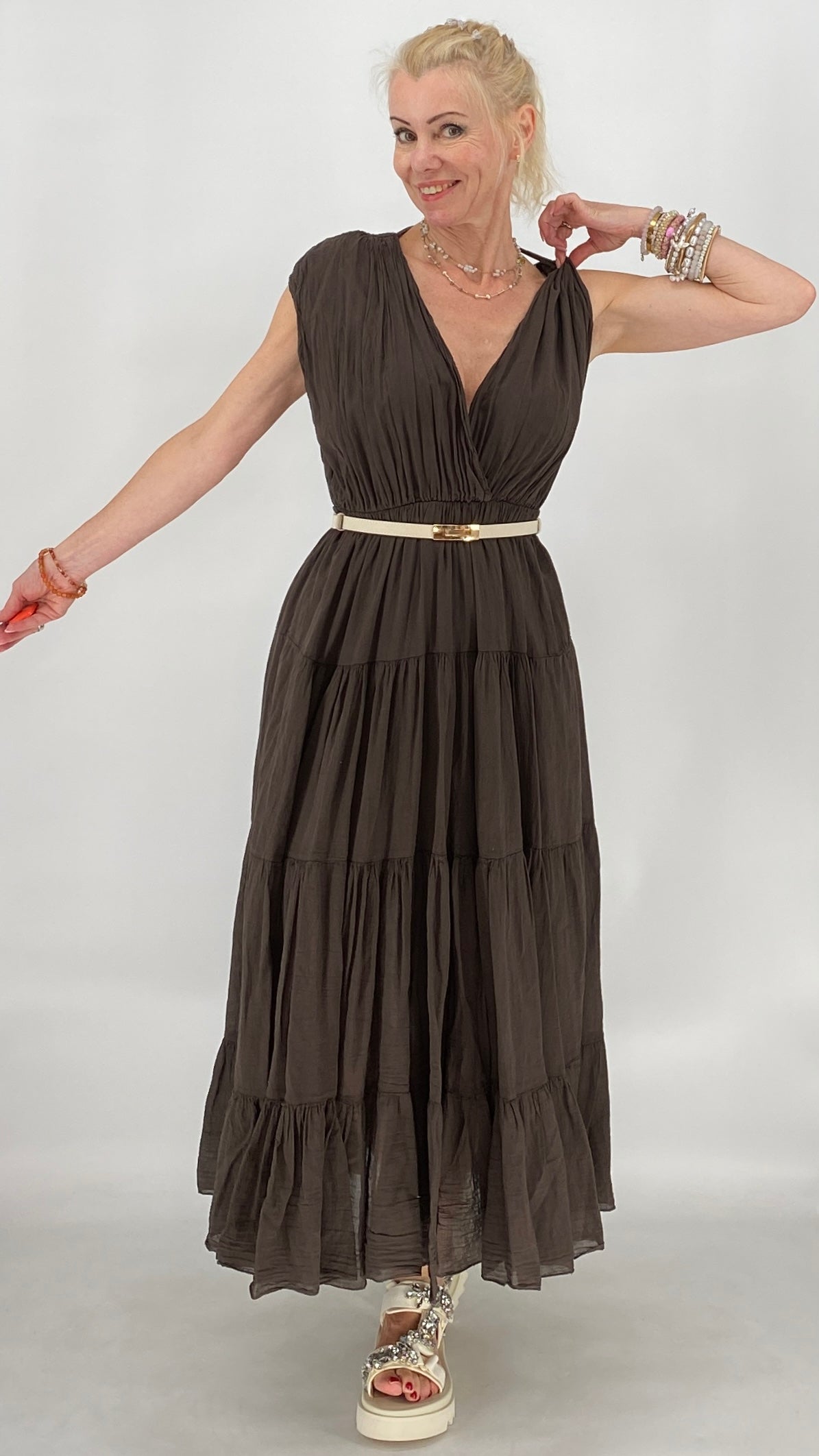Bella Maxi , Sommer Kleid, in Braun, Weiss, Rose