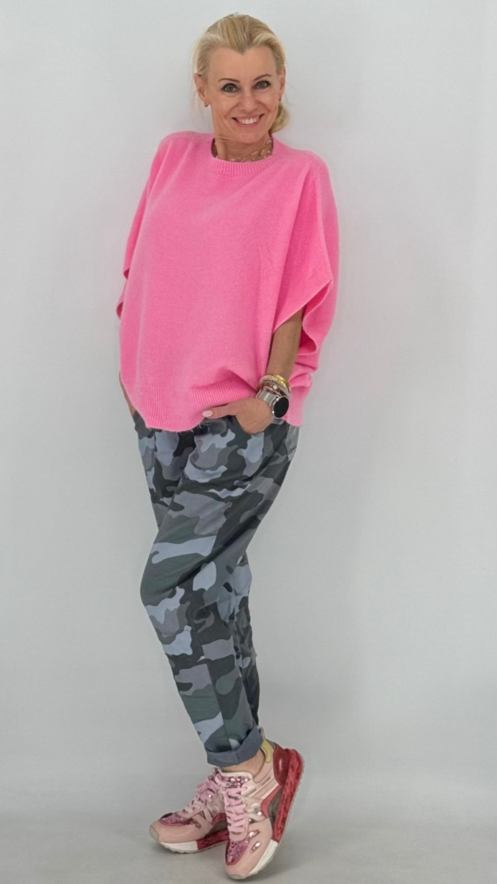 Strickpullover, khaki, rosa