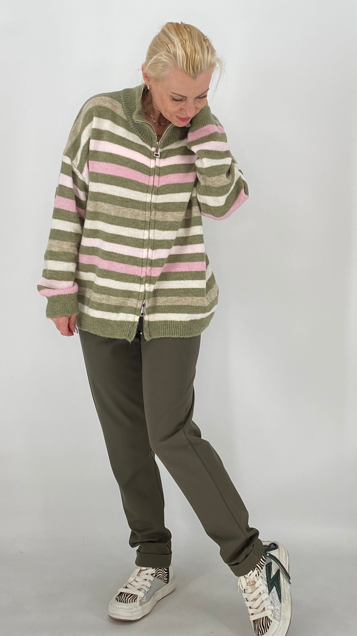 Strickjacke mit Reißverschluss, grün, pink, beige